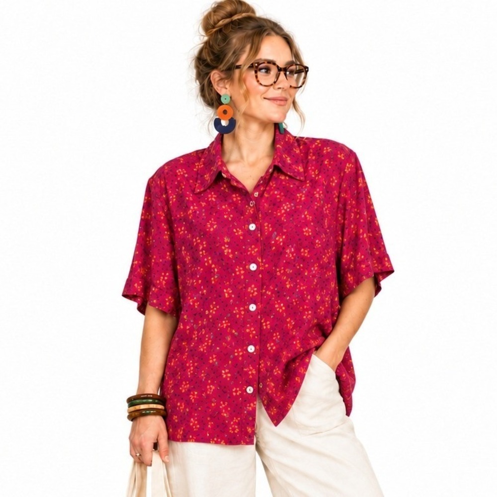 Vintage 100% Silk Floral Blouse Size 20 Cottage Academia Teacher Preppy Office